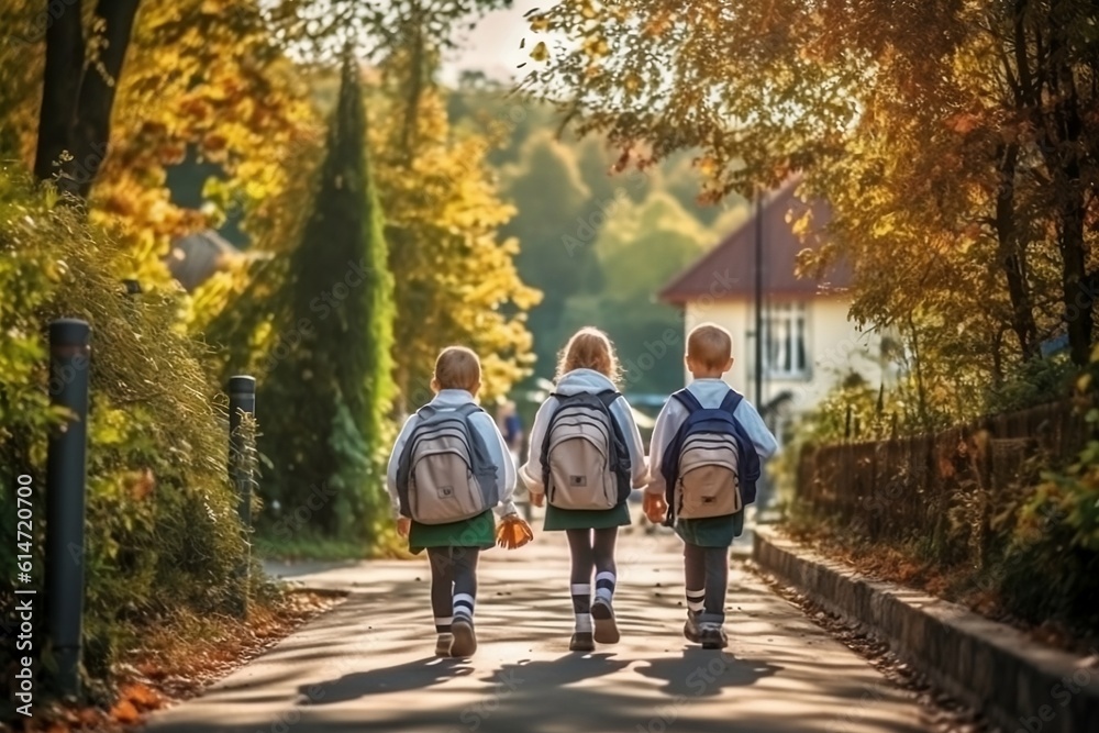 Obraz premium Children in school uniform walk to school. Back to school, education, schoolkids. Back view. Generative AI.