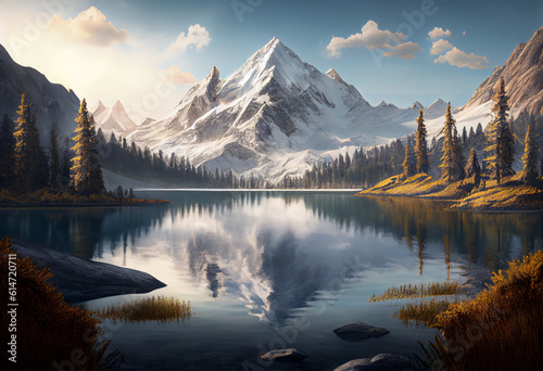  Majestic snow-capped mountains towering over a pristine alpine lake. © kitty