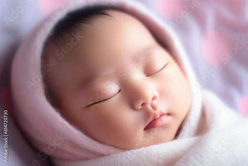 A super cute Chinese baby wrapped in a swaddle sleeping with eyes closed, soft lighting, bright background, quiet and beautiful