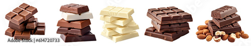 chocolate in diffrent color. milk, dark and white chocolate bars isolated on transparent background
