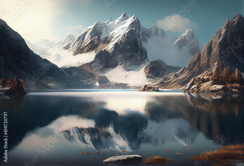  Majestic snow-capped mountains towering over a pristine alpine lake.