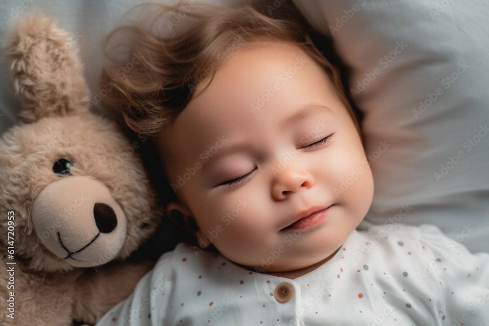 adorable baby is soundly asleep, lying on their side on a comfortable white bed adorable baby is soundly asleep, lying on their side on a comfortable white bed