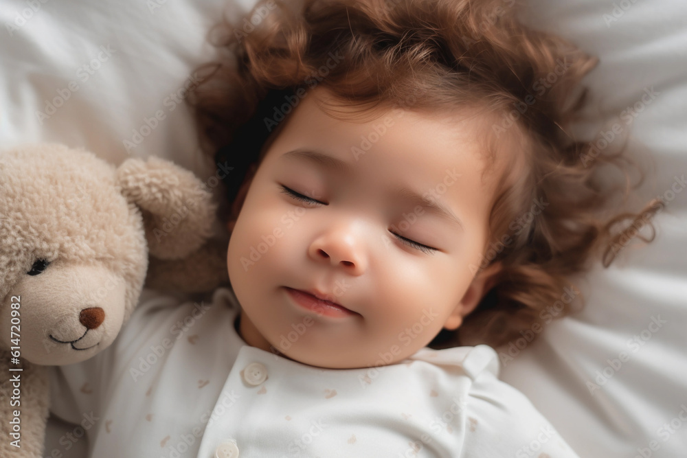 adorable baby is soundly asleep, lying on their side on a comfortable white bed adorable baby is soundly asleep, lying on their side on a comfortable white bed
