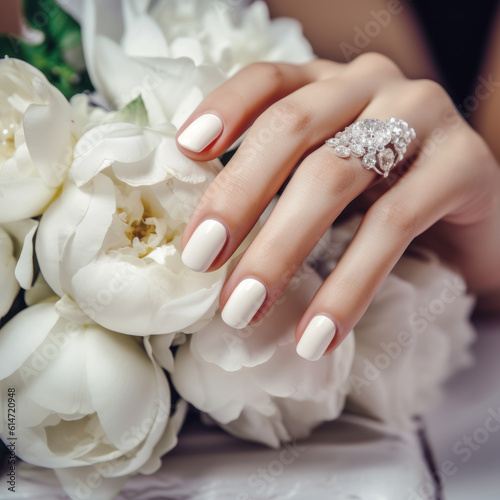 Beautiful female hands with white manicure close-up  modern stylish wedding manicure  hands of the bride  generative ai