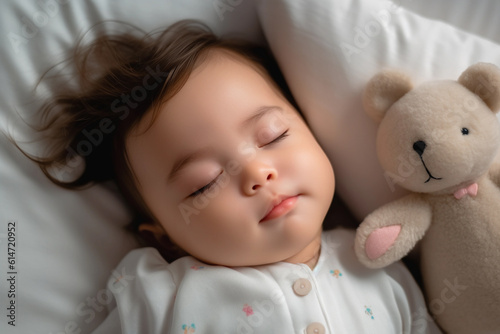 adorable baby is soundly asleep, lying on their side on a comfortable white bed