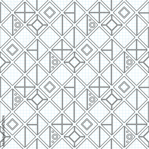 Seamless Geometric Pattern, Drawn on Checkered Notebook. Endless Modern Mosaic Texture.  Fabric Textile, Wrapping Paper, Wallpaper. Vector Contour Illustration. Coloring Book Page