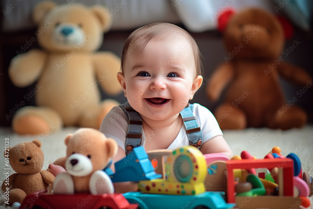 Obraz premium baby playing with his stuffed animals on his bed