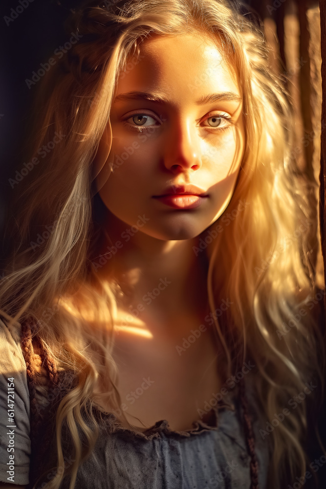 Fototapeta premium Portrait of a beautiful blonde woman with long blond hair against the background of a window and a brick wall with side illumination by sunbeams. AI generated