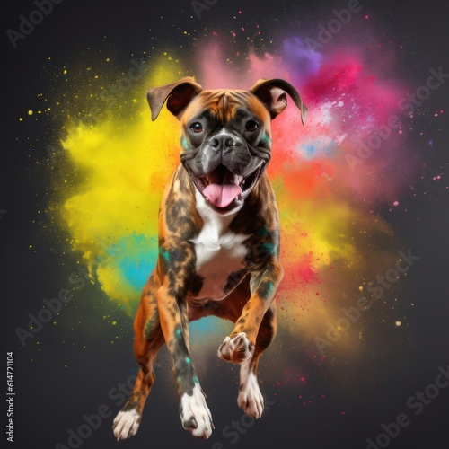 A cheerful playful dog jumps up among the colors of Holi, Boxer on a bright multi-colored background, generative ai