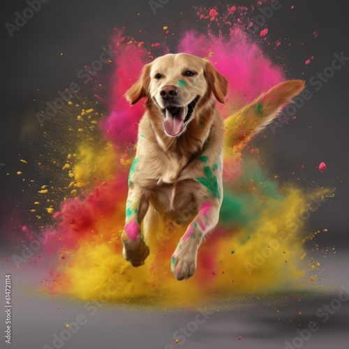 A cheerful playful dog jumps up among the colors of Holi, Golden Retriever on a bright multi-colored background, generative ai