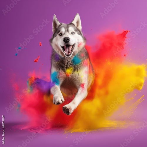 A cheerful playful dog jumps up among the colors of Holi, Husky on a bright multi-colored background, generative ai