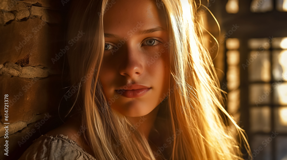 Portrait of a beautiful blonde woman with long blond hair against the background of a window and a brick wall with side illumination by sunbeams. AI generated Portrait of a beautiful blonde woman with long blond hair against the background of a window and a brick wall with side illumination by sunbeams. AI generated