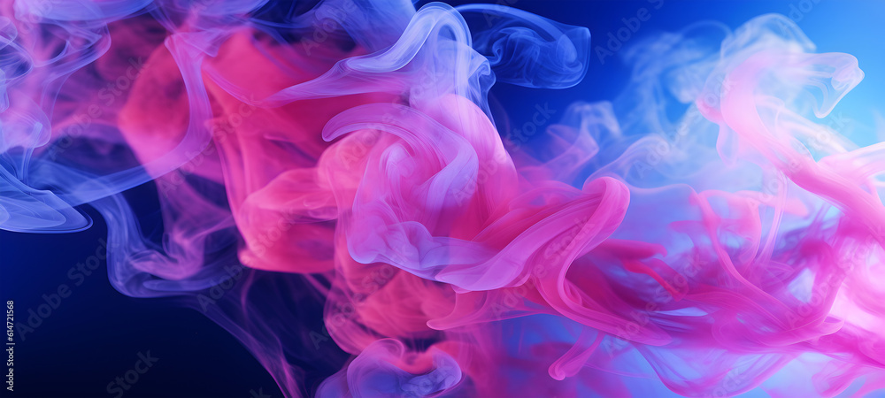 Abstract background scene of blue and pink neon colored smoke clouds. Generative AI.