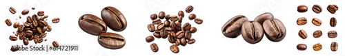 Set of roasted coffee beans on transparent background, top view. 
