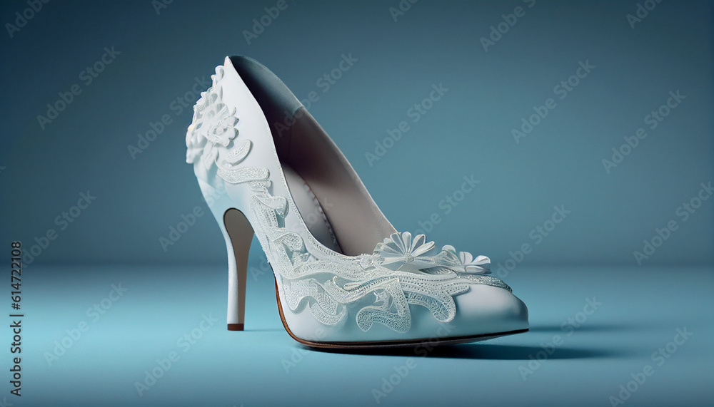 Naklejka premium White sandal on a blue background, Wedding shoes against a blue the background, Generative AI