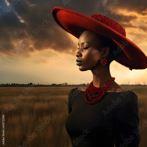 Beautiful face of black  woman with a 
red jewelry and red hat, in the style of dramatic skies, southern countryside