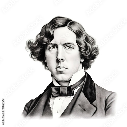 A vintage ink engraving print of a full-face headshot portrait of Oscar Wilde wearing a bowtie against a pure white background with copy space - Generative AI photo
