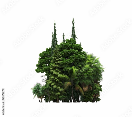 group of trees with a shadow under it, isolated on white background, 3D illustration, cg render