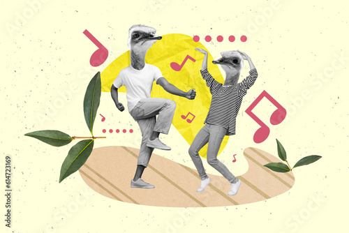 Collage picture of two black white colors people ostrich head dancing drawing melody notes isolated on creative background