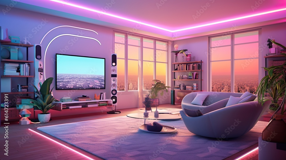 Modern, futuristic smart home room with vibrant purple interior design ...