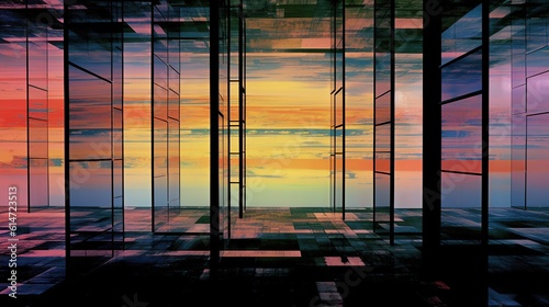 Futuristic sky view: reflection of the setting sun through a cloudy outdoor glass window of a city building
