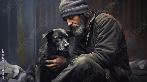 A homeless man with a dog sits on the street. AI generation