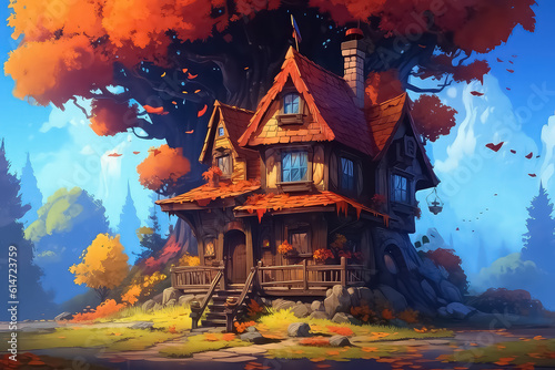 autumn house in autumn forest in cartoon style.