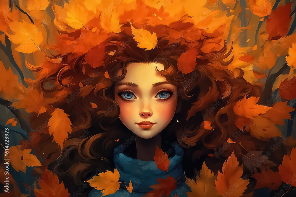 autumn girl with leaves in her head in cartoon style.