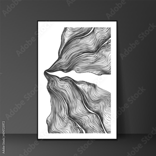 Black and white geometric interior artwork. The artwork has a modern and abstract style that creates contrast and balance.