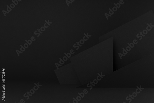 Exquisite black stage mockup with abstract geometric pattern of corners, angles, flat shapes, triangles as relief for presentation cosmetic products, goods, advertising, design in graphic style.