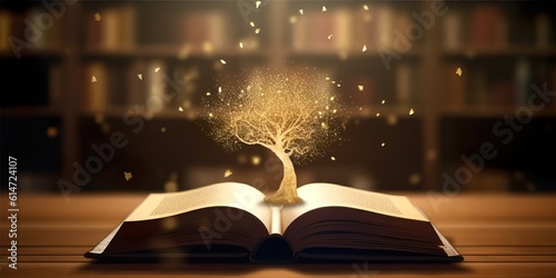 Open book with a tree emerging out of the letters in a library. Teacher's day. Education concept.Image ai generate
