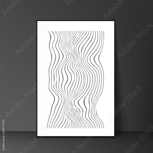 Black and white geometric interior artwork. The artwork has a modern and abstract style that creates contrast and balance.