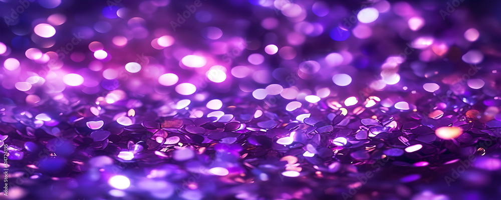  Abstract bokeh background of purple festive shiny glitter lights. Generative AI.