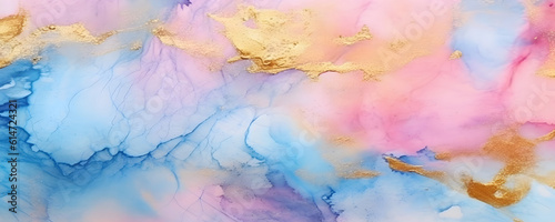 Abstract blue pink and metallic gold background, watercolor paint texture imitation created with. Generative AI.