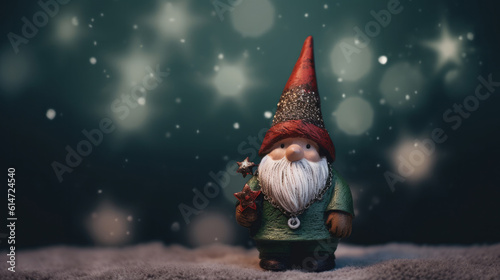 Toy cute Swedish Scandinavian folklore Christmas gnome nisse, tomte, with a big red hat and white beard, in the style of Danish design, with christmas background. Copy space. AI generated photo