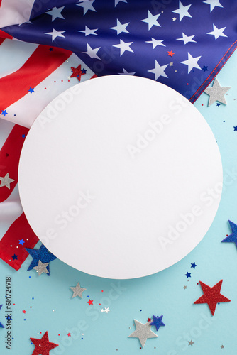 US Independence Day concept. Top vertical view photo of empty circle surrounded by blue, white and red glitter stars and american flag on blue isolated background with copy-space