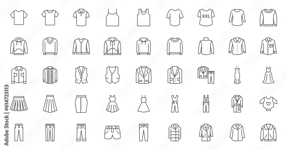 Clothes line icons set. Sweatshirt, hoody, pullover, bathsuit, jacket, evening dress, cardigan, trousers visualization vector illustration. Outline signs of fashion apparel. Editable Stroke