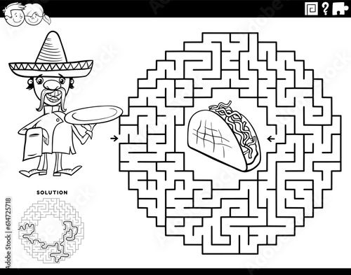 maze with cartoon chef character with taco coloring page photo