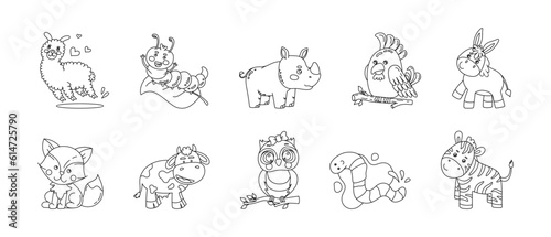 Animals Cute Funny Set of Drawings Vector black and white illustration Isolated on a white background