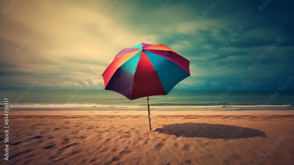 Illustration of a vibrant umbrella on a sun-kissed beach with golden sand created with Generative AI technology