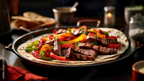 Steak fajitas with colorful bell peppers and onions.