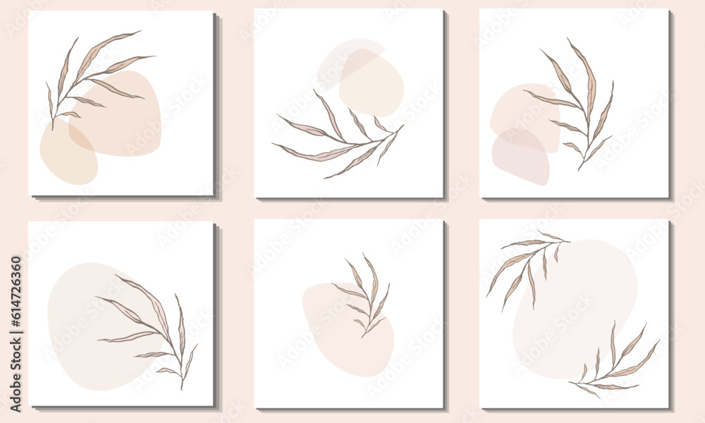 Random spots of delicate pastel beige and pale brown. A set square backgrounds. Graceful twigs with leaves.
