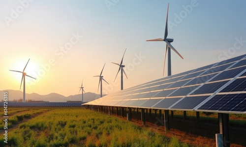 Power to the Future: Renewable Energy Generation with Photovoltaic Panels and Wind Mills on a Meadow, 