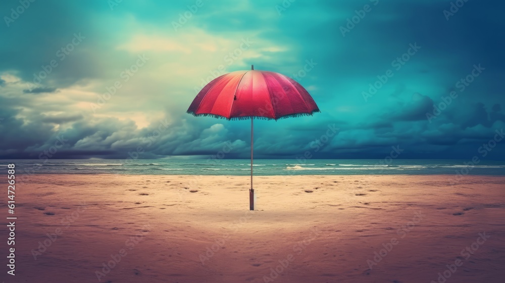 Illustration of a red umbrella on a sandy beach created with Generative AI technology