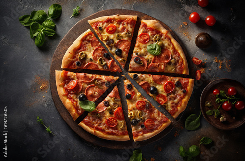 Italian tasty pizza with tomatoes, mozzarella, basil, olives. Mediterranean Kitchen. Generative AI 