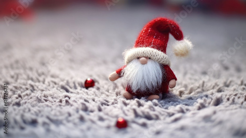 Soft toy cute Swedish Scandinavian folklore Christmas gnome nisse, tomte, with a big red hat and white beard, in the style of Danish design, with christmas background. Copy space. AI generated