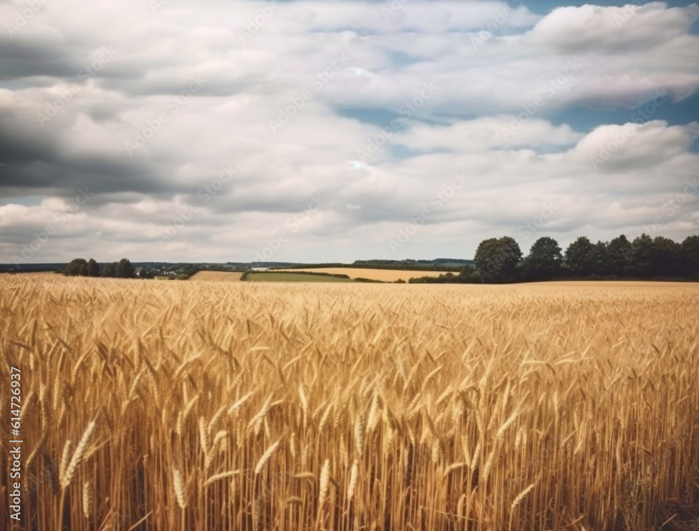 Obraz premium White clouds over wheat field. Generative AI