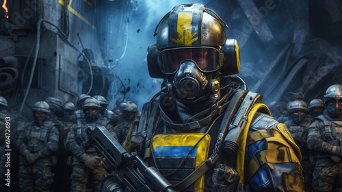 Close up portrait of Ukrainian soldier wearing protective hamlet in Ukrainian flag colors, glass gas mask and chemical protective suit. Group of soldiers in the background. © FutureStock