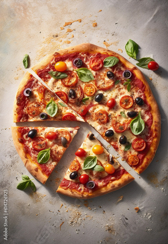 Italian tasty pizza with tomatoes, mozzarella, basil, olives. Mediterranean Kitchen. Generative AI	