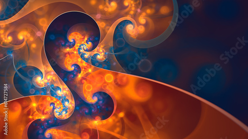 Abstract fractal art of infinite spirals with copy space. Gold and blue colors. photo